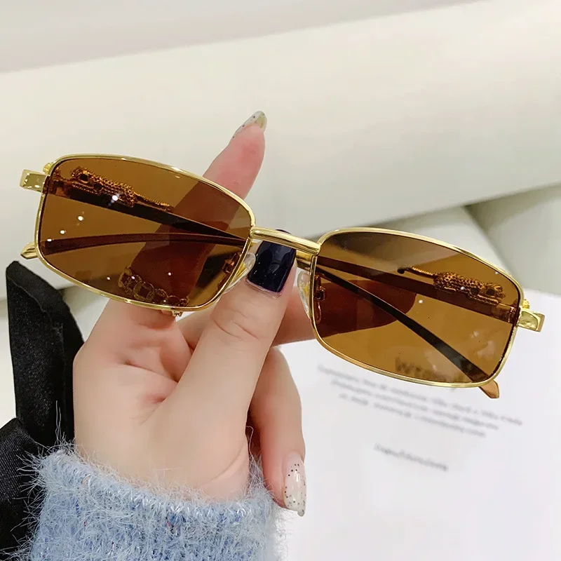 Fashion Small Frame Rectangle Sunglasses Women Retro Cheetah Decoration Clear Ocean Lens Eyewear Men Sun Glasses Shades UV400