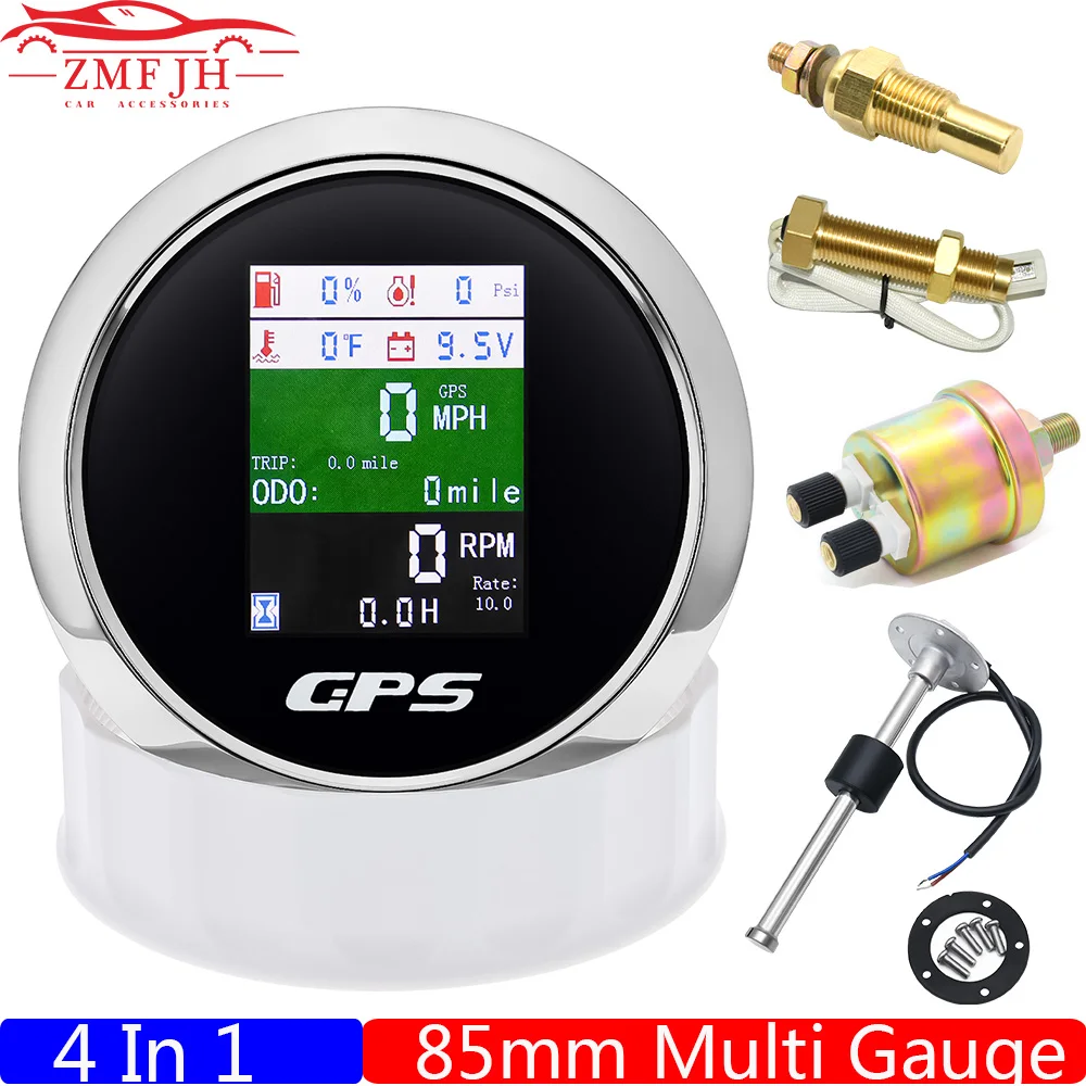 

6 in 1 Multi 85mm Gauge GPS Odometer Fuel Level Water Temp Oil Pressure Tachometer With Alarm Sensor 0-190ohm for Car Boat 9-32V