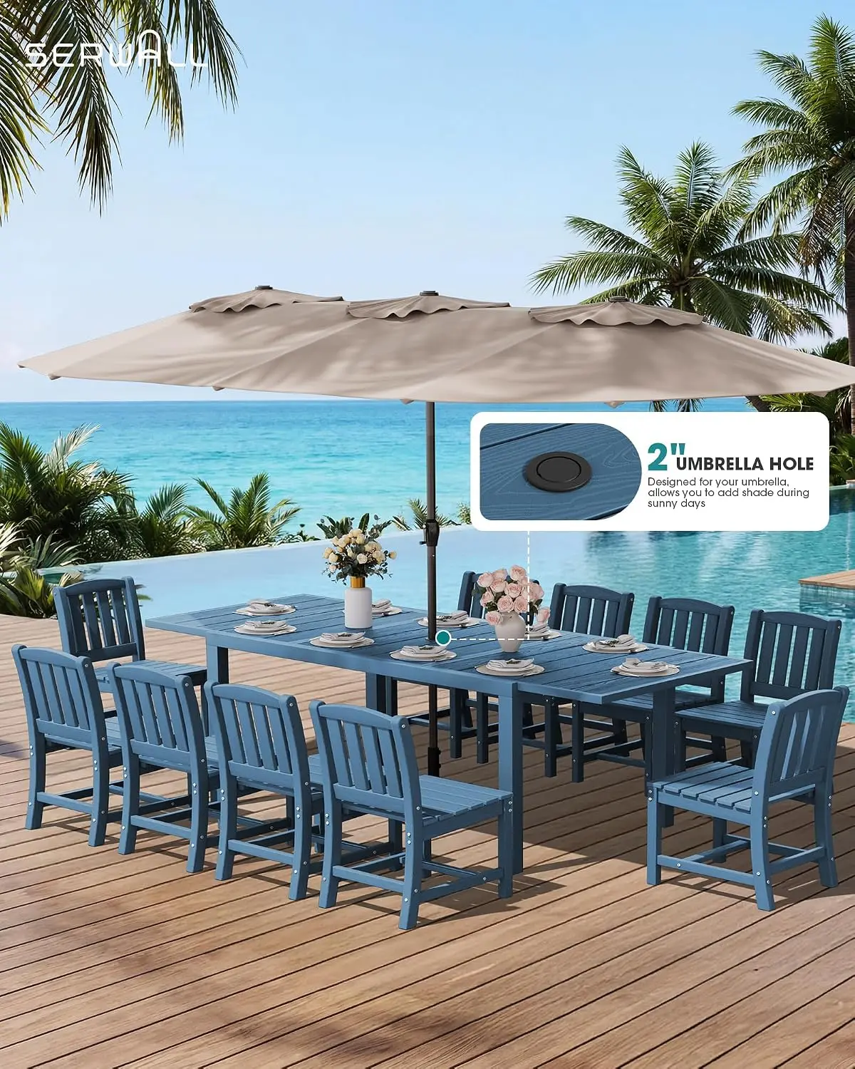 6-Person Outdoor Patio Dining Set, Weather-Resistant Metal Table & Chairs, Blue, Customized