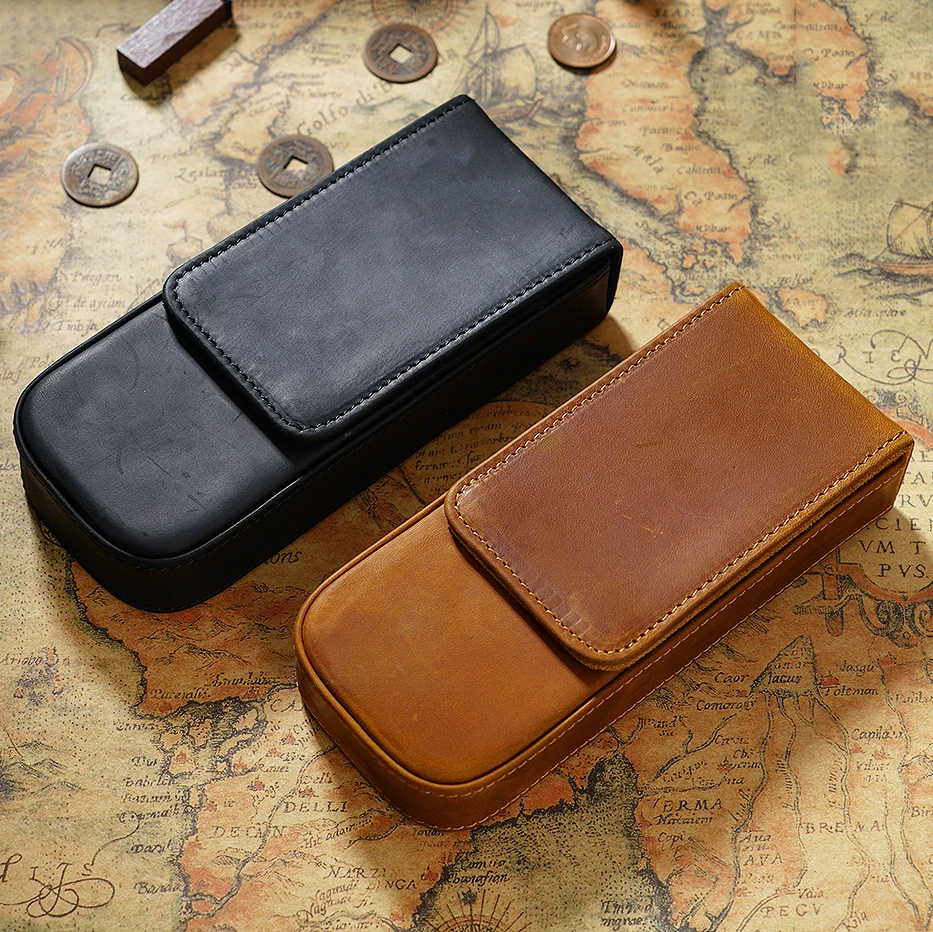 AIGUONIU Genuine Leather 3 Slots Pen Case With Removable Pen Tray Holder Pencil Case Office School Supplies Pouch Creative Gift