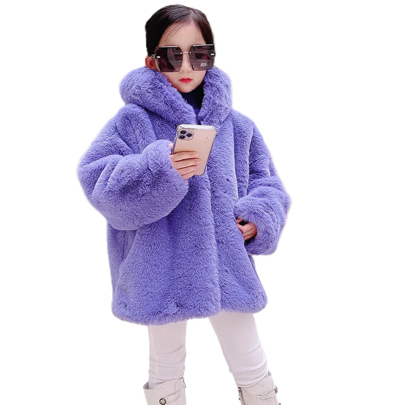 

Teens Girls Rabbit Fur hoodied Jackets Short Style Children's Autumn Winter Faux Fur Coats 2022 Kids Korean Fashion Outerwear