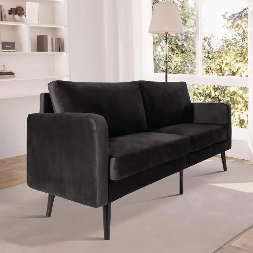

Black Velvet 3-Seater Loveseat Sofa, 72 Compact Design with Soft Cushions for Living Room, Bedroom, or Office