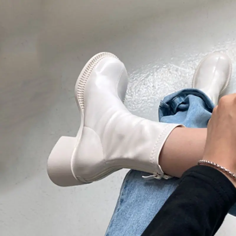 Short Shoes for Women Very High Heels Punk Style Booties Combat Female Ankle Boots White Footwear Heeled Round Toe Fashion 2024