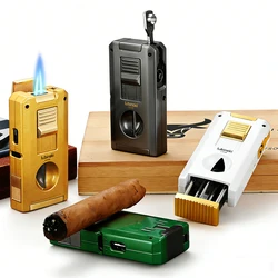 LUBINSKI Cigar V Cutter Metal 2 Torch Lighter With Support Holder Needles Cigar Lighters Gift Box Packaging