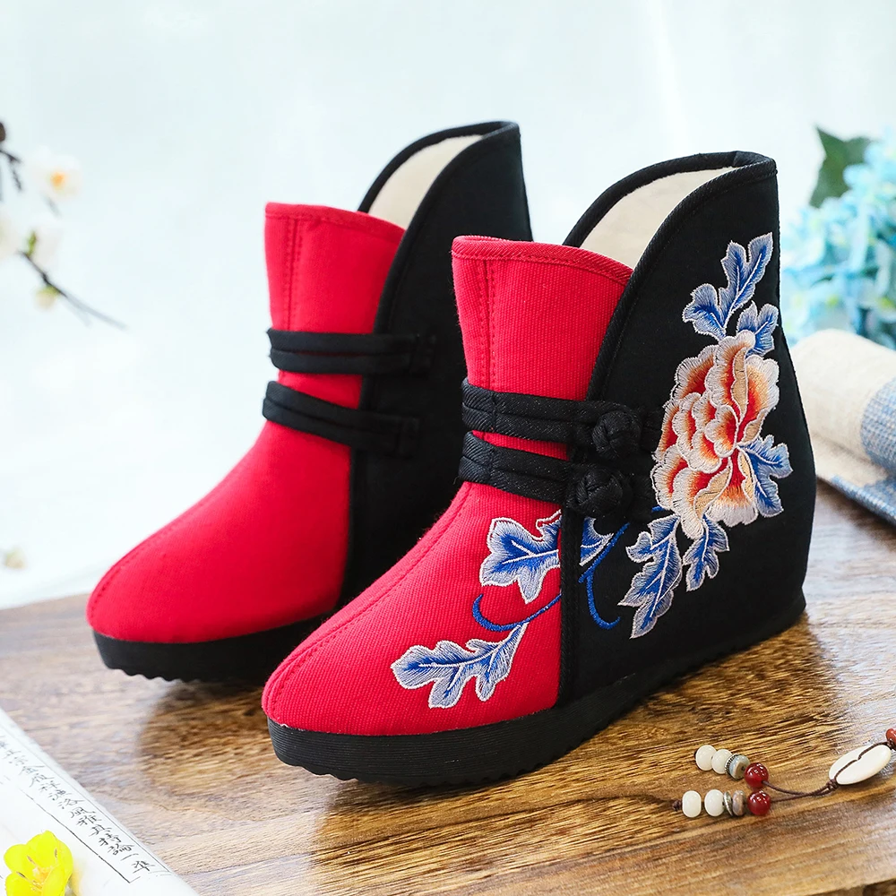 Veowalk Winter Women Denim Cotton Embroidered Short Ankle Boots Fleece Inside Hidden Wedge Heel Canvas Booties Ladies Warm Shoes