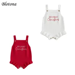 Blotona Baby Girl Knitted Romper Sleeveless Square Neck Letter Embroidery Ruffled Bodysuit Newborn Overalls Sweater Jumpsuit