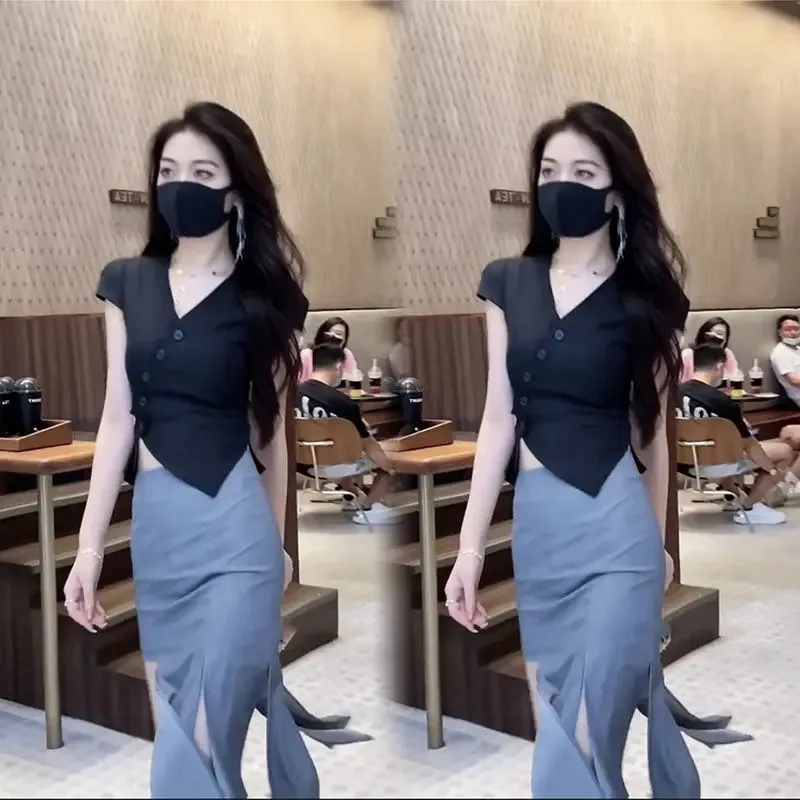 Slit Skirt Short Sleeve 2 Pieces Sets for Women Sexy Woman Outfit Clothing Trend 2024 The New Function of Matching Korea Co Ord