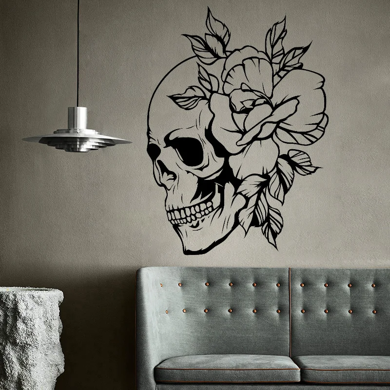 Skull and Flowers Matt Vinyl Wall Sticker Home Girls Room Tattoo Shop Studio Decoration Decals Day of The Dead Wallpaper Z584