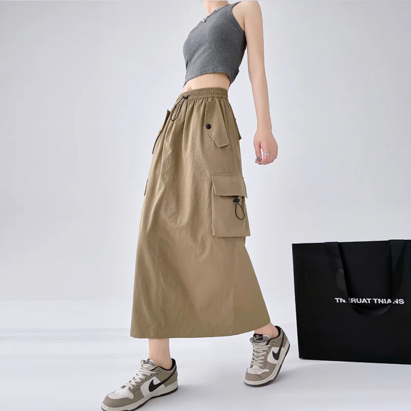 

Summer Women New High Waist Stretch Drawstring Cargo Skirt Wide Leg Straight Cylinder Design Split Hem Lady Midi Skirts