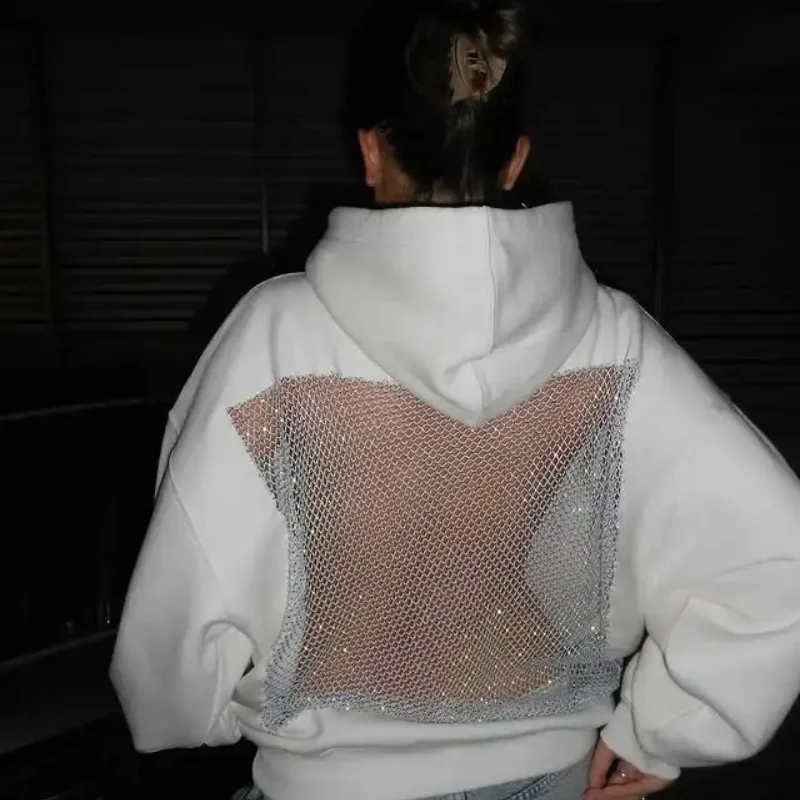 هوديي شبكي مجوف للنساء، بلوفر شفاف مثير، خفيف الوزن، بأكمام طويلة، مظهر عصري كاجوال ملابس الشارع
