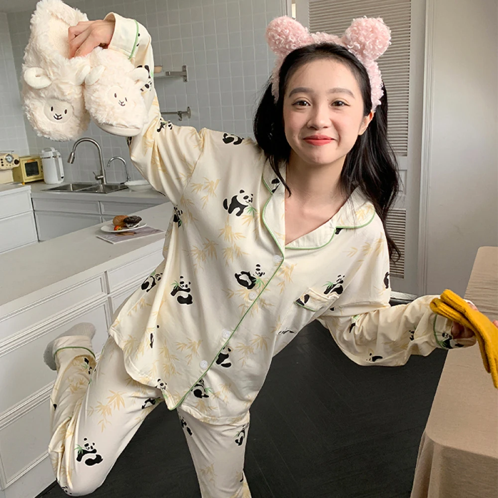 Sweet Cartoon Print Women\'s Pajama Sets Korean Fashion Cute Kawaii Graphic Sleepwear for Sleeping Spring Autumn Women\'s Pajamas