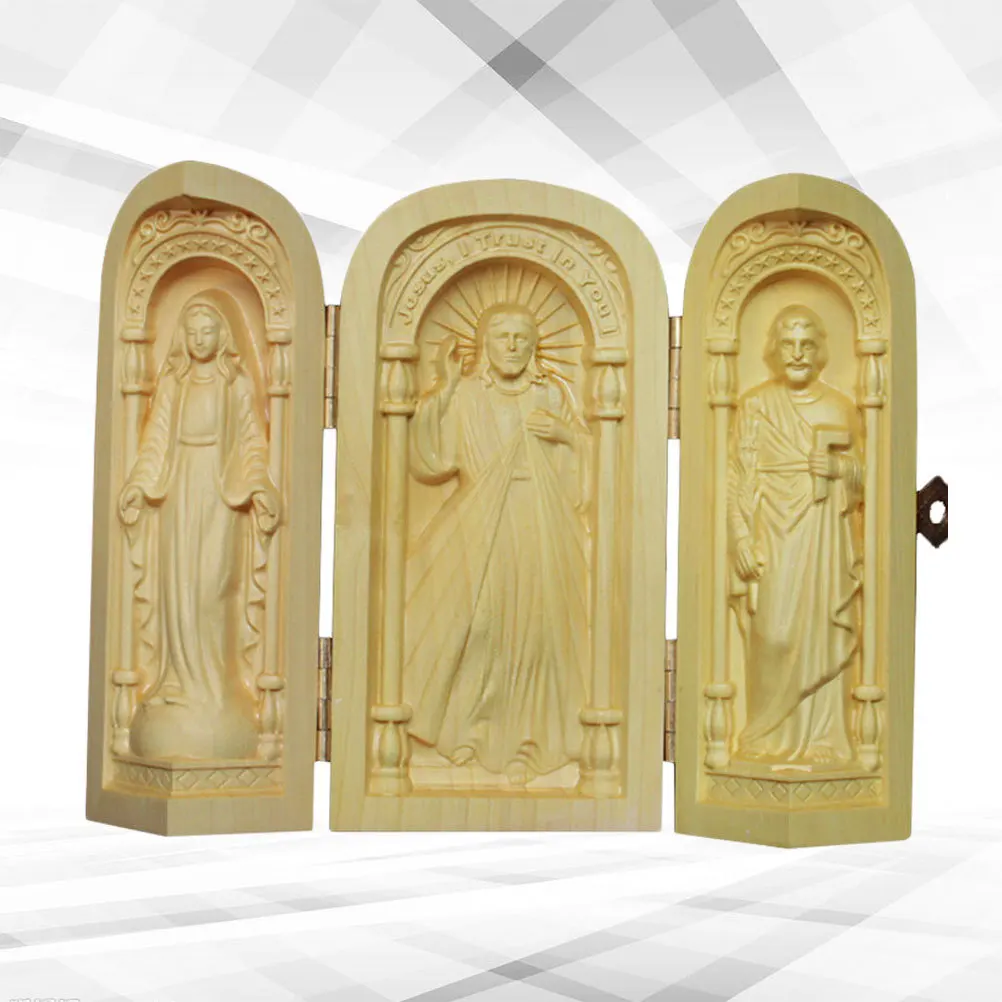 1pc Wood Carved Box Design Jesus Ornament For Home Office Desktop Craft Christian Decoration Religious Statue Art Decor