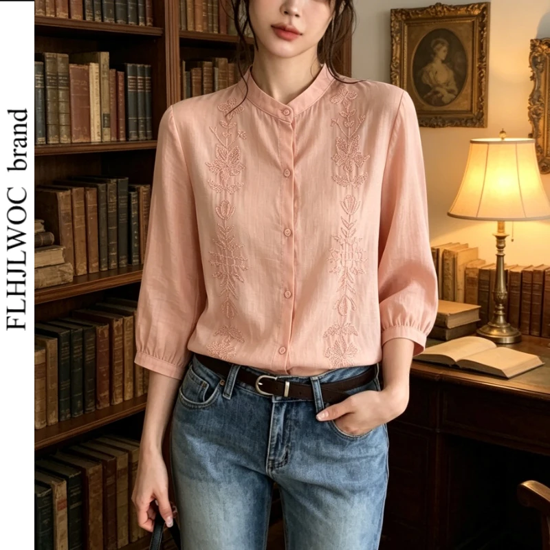 

Cotton Linen Embroidery Tops Blouses 2026 Summer Woman Short Sleeve Solid Casual Chinese Style Stand Collar Retro Vintage Shirts