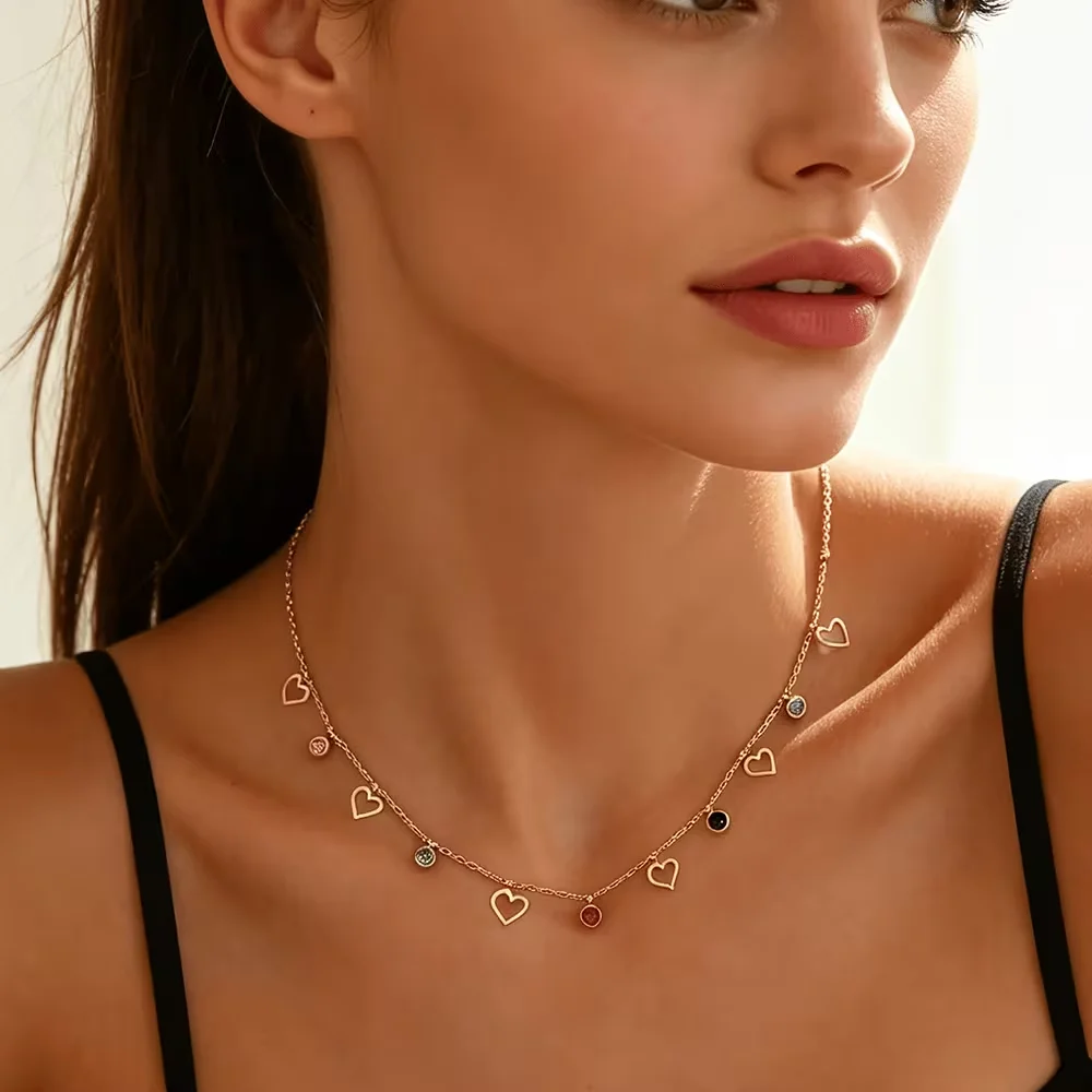 Hollow Heart Zircon Necklace Stainless Steel Multicolor Pendant Neck Chain Versatile Office Daily Jewelry Minimalist Delicate