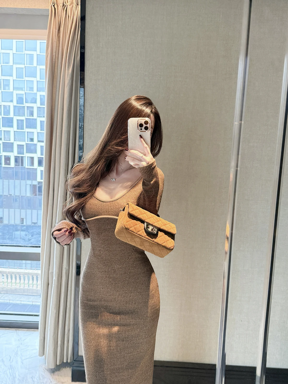 

JustQin Autumn Winter Knitted Slim Fit Dr Women's Base Layer Skirt High Elastici Long Sve round Ne Ci Commute Dr