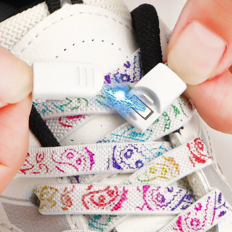 Magnetic Buckle Lock Shoelaces Without Ties No Tie Shoe Laces Cashew Flower Print Shoelace Flat Elastic Laces Sneakers Kid Adult