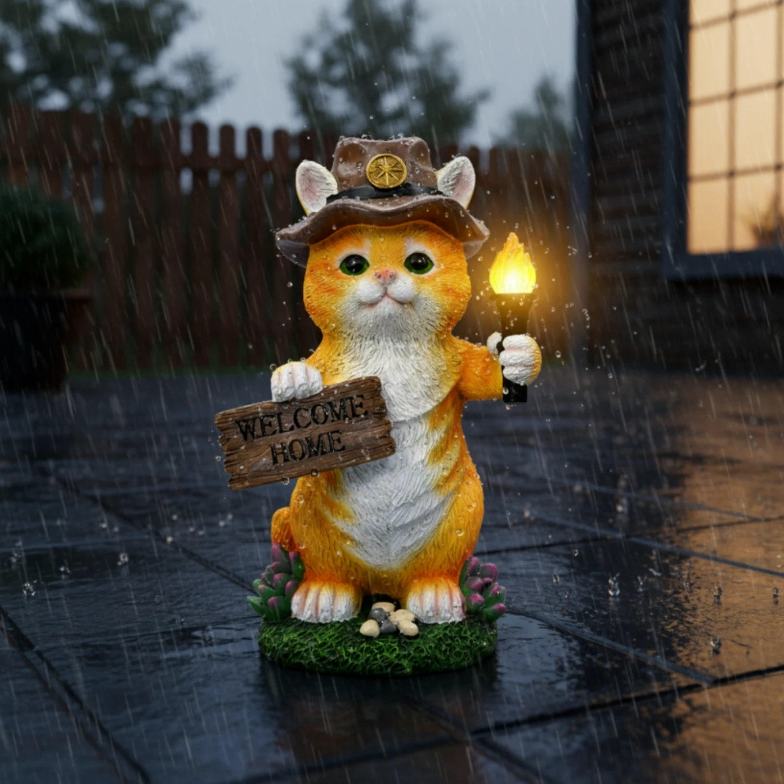 Cat Figurine with Solar Light Resin Cat Figurine with Welcome Sign Welcome Sign Statue Outdoor Yard Ornament Weather-Resistant