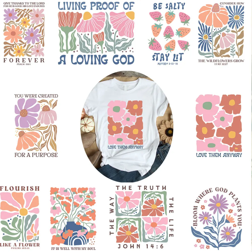 Christian Boho Flowers Clothes Stickers For Diy Thermal Patches Clothing Heat Transfer Fashion Vinyl Appliqued Bag Heat Transfer