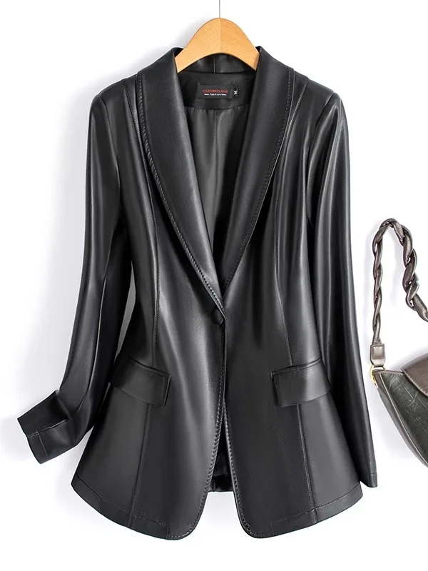 

Faionable ort Leather Jaet Women's Bla Leather Coat Sli Commute Sle eep Skin Coat Tee Button Design