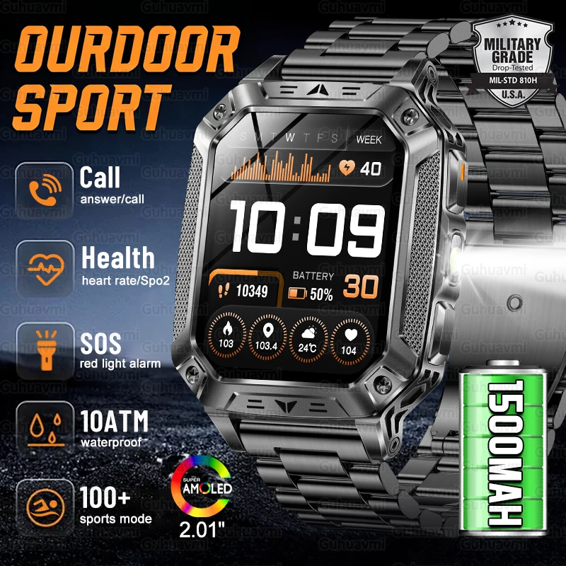 

2026 New Military 1500mAh Battery Smart Watch Men Outdoor Flashlight 10ATM Waterproof Heart Rate Bluetooth Call Sports Bracelets