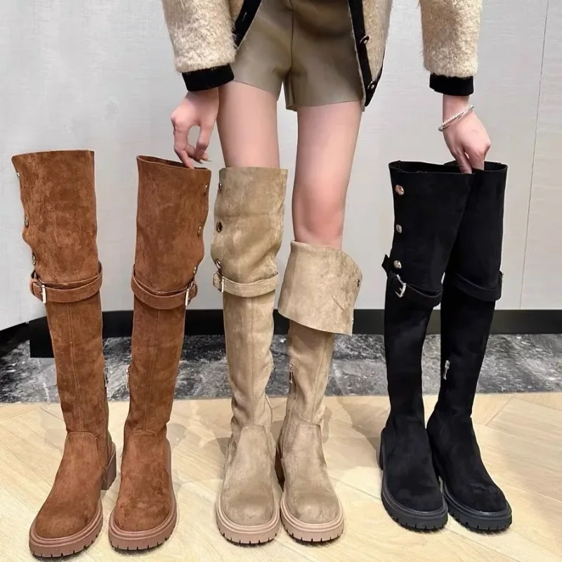 Retro Over The Knee Cowboy Boots Women Autumn Platform Shoes Fashion Suede Thigh High Knight Boots Chunky Heel Motorcycle Botas