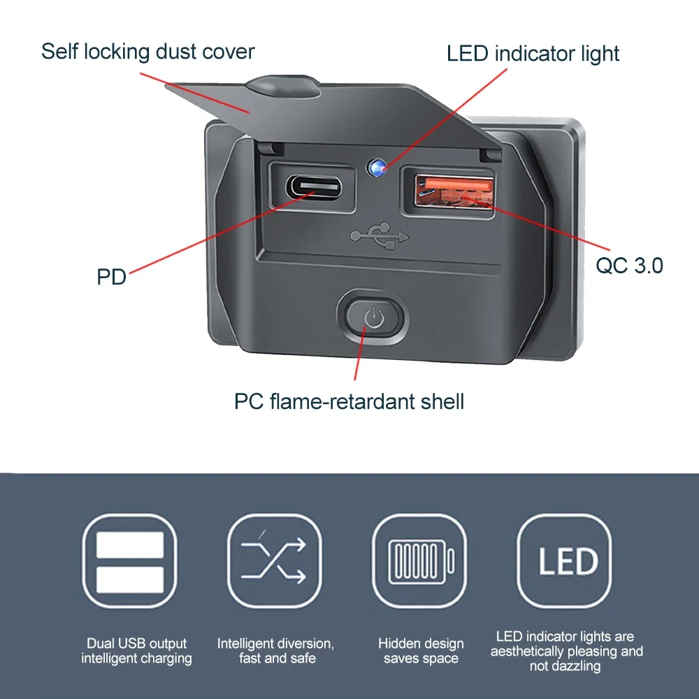 PD QC3.0 Car Charger Socket 12V/24V 2.1A USB Charging Splitter Outlet Power Adapter for Motorcycle Camper Truck ATV Boat Car RV