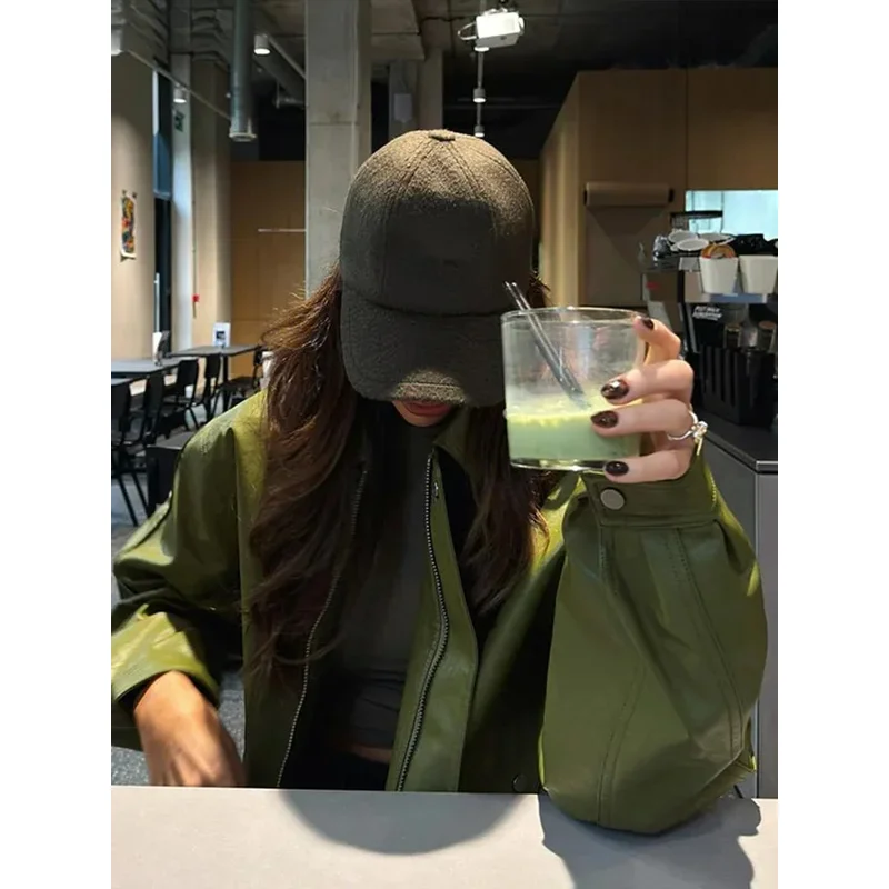 여성용 녹색 PU 가죽 재킷, 라플 지퍼, 루즈 풀 슬리브, 싱글 브레스트 크롭 코트, 2024 뉴 레이디 솔리드 스트리트웨어, 패션