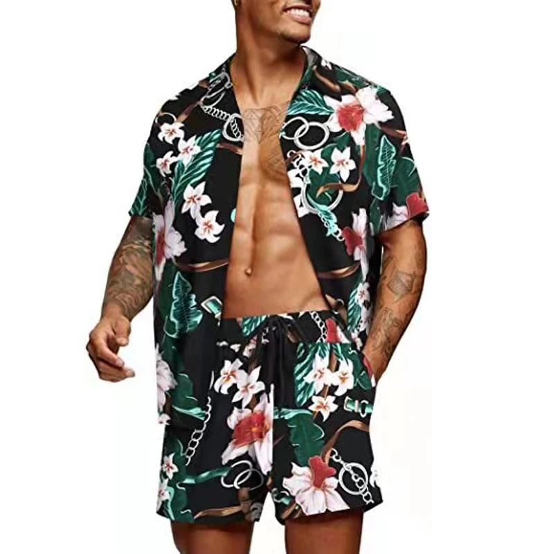 2-piece shirt dress men\'s fashion shirt+shorts 3D two-piece shirt Hawaii beach shirt set boys vacation