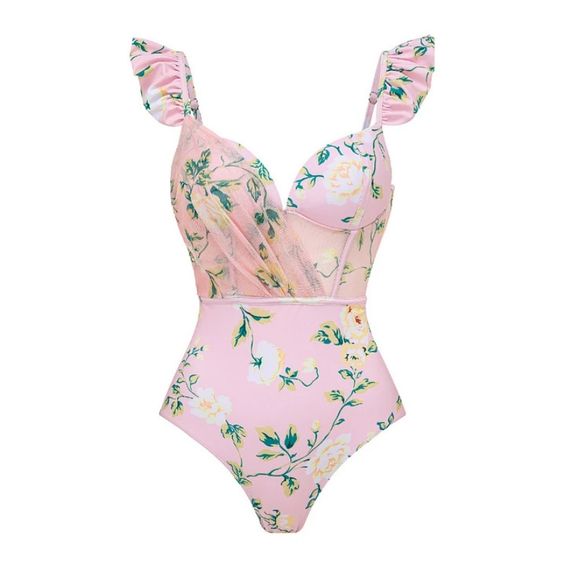 MUOLUX 2024 Printed Sexy One-piece Women's Swimsuit New Floral Sweet Pink Beach Vacation Bikini Yarn Skirt Two-piece set