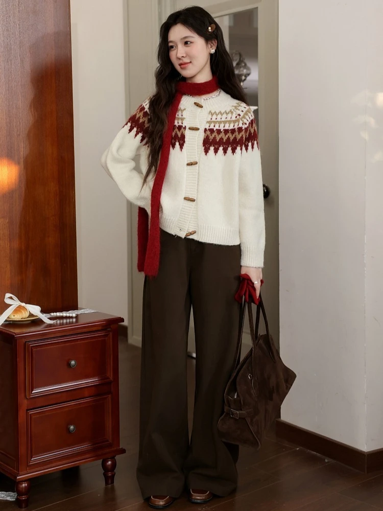 ALXNAN レディース カーディガン 秋冬 2025 ヴィンテージ フェアアイル ツイストニット カーディガン 暖かい カジュアル ルーズフィット 長袖 トップス L59228