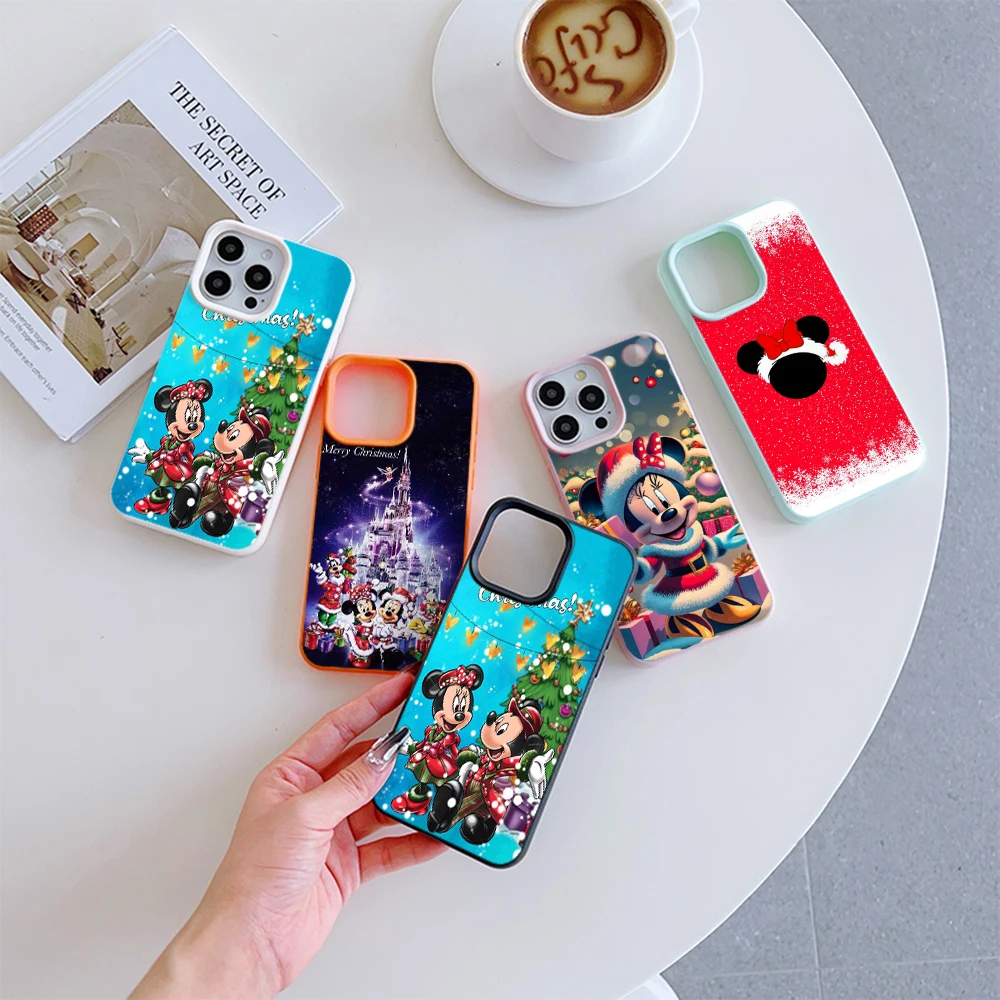 SS189 Disney Mickey Merry Christmas art Fashion TPU Imitation Leather Texture Phone Case for iPhone 16 15 14 Pro Max Plus Cover