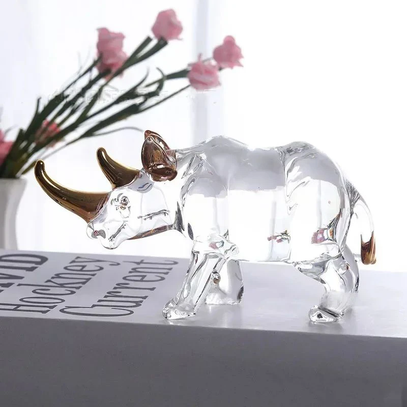 Transparent Crystal Rhinoceros Statue Desk Decoration Golden Horned Rhino Sculpture Minimalism Animal Room Aesthetics Decor