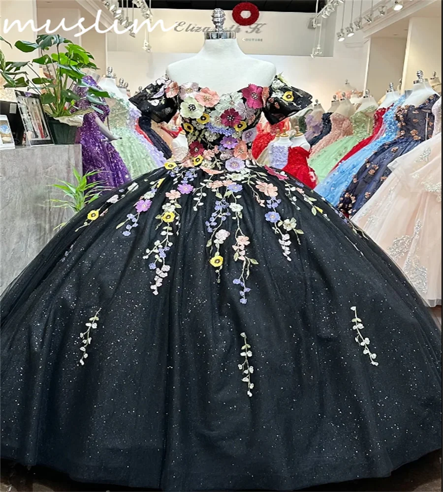 Shiny Charro Black Mexican Quinceanera Dress 2024 Colorful Florals Glitter Sequin Vestidos De 15 Anos Birthday Party Customized