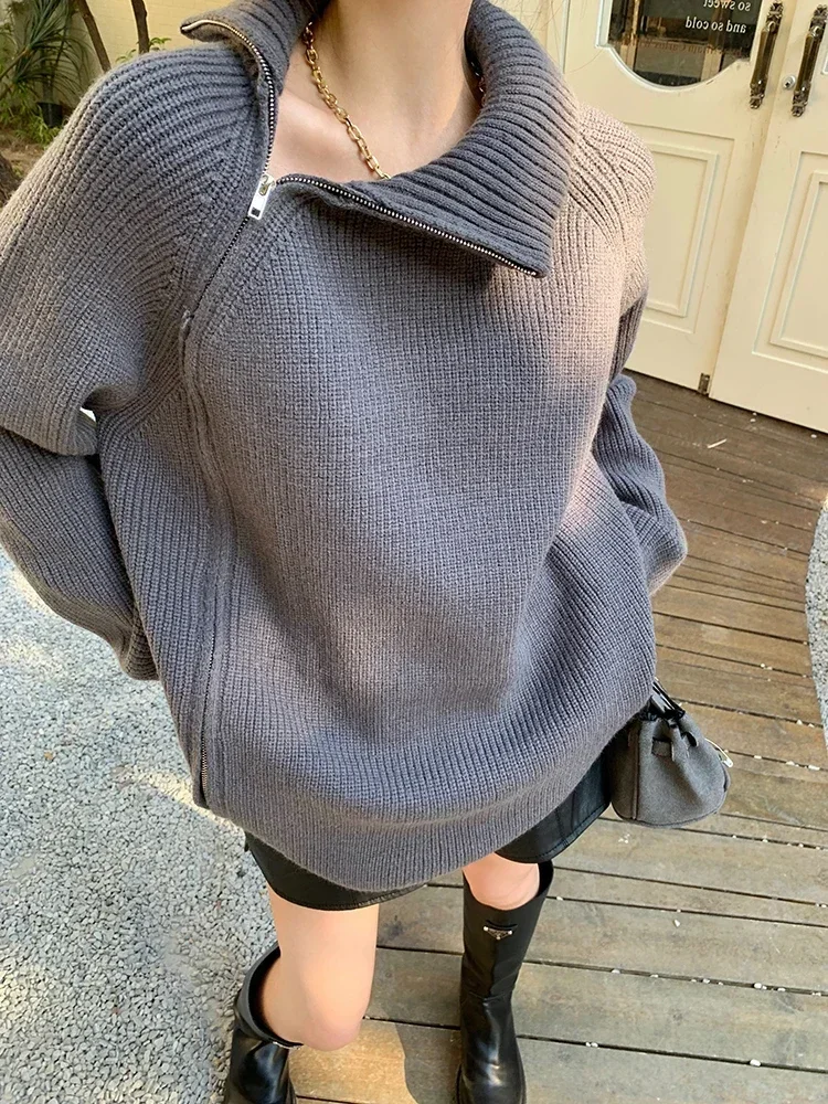 

Zipper Oversize Knit Turtleneck Women Autumn Fashion Loose Thick Warm Sweaters High Neck Solid Gray Long Pullovers Women