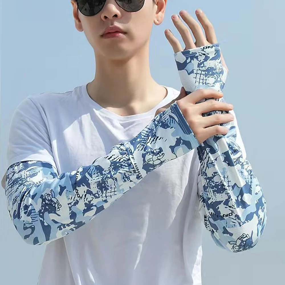 Men's Summer Anti-sunburn Ice Silk Sleeve With Fingers Camouflage Sun Protection Cycling Arm Sleeves Fishing Cuffs Arm Covers