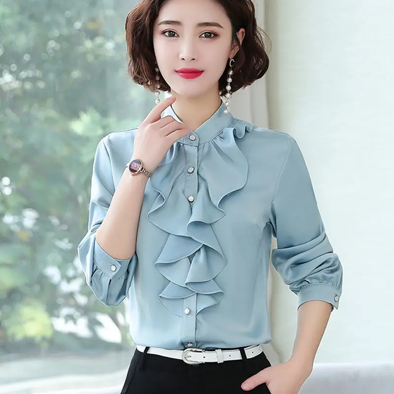 Solid Color Bow Tie Long Sleeved Quality Shirt for Women Spring Autumn New Simulated Silk Western Style Temperament Elegant Top