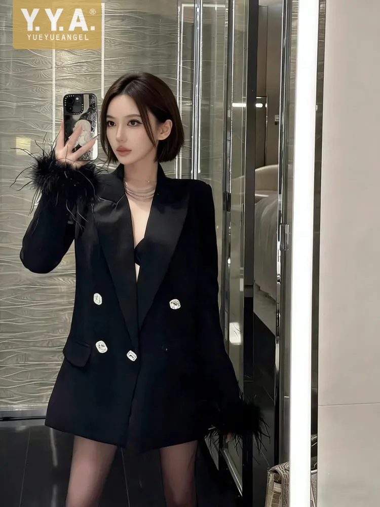 Autumn Winter Women Versatile Party Mid Long Double Breasted Blazer Jacket Office Ladies Work Loose Fit Casual Suit Coat Blazers