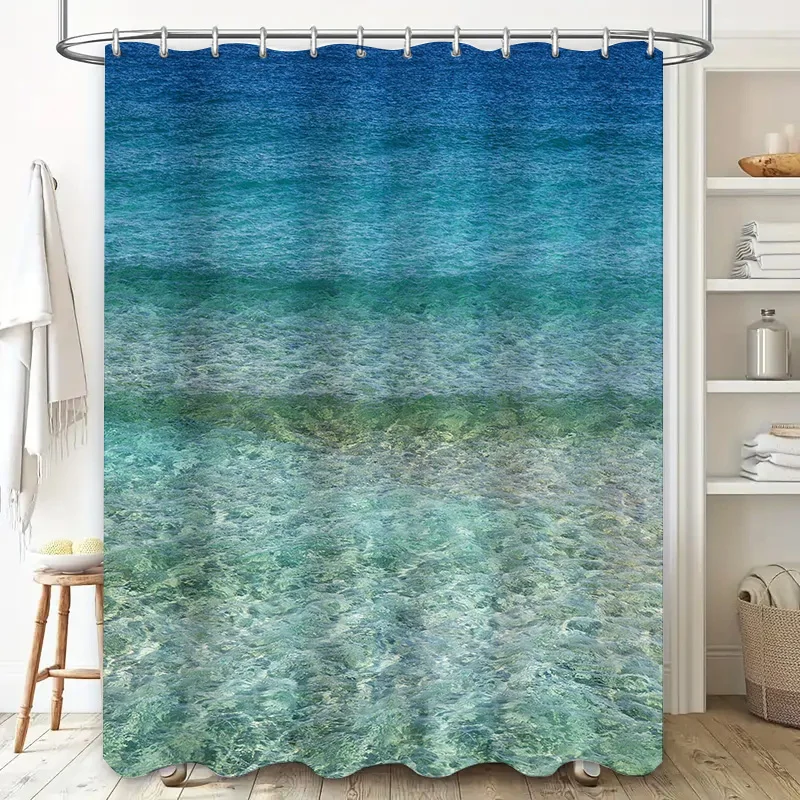 Blue Gradient Ocean Shower Curtain Waterproof Polyester Bath Liner for Home Decor in Blue Green Ombre Pattern Size Customizable.