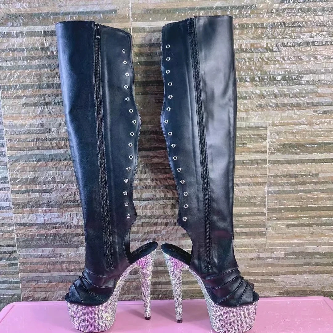 Diamond soles17cm high heels, matte black knee-high boots, open-toe shoes,7in heels, over the knee boots