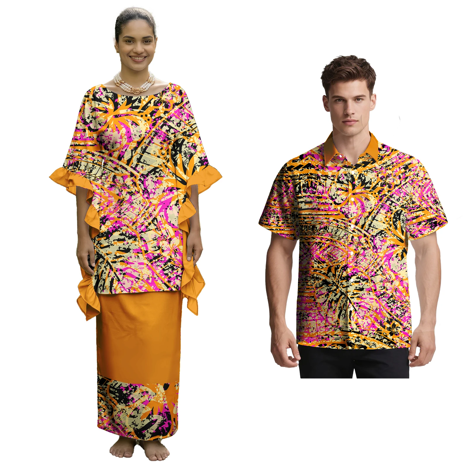 Conjunto de Camisas Aloha Fashion para Casais, Camisas Elegantes para Homens e Mulheres, Design Tribal Samoano Puletasi, Roupas Personalizadas para Casais