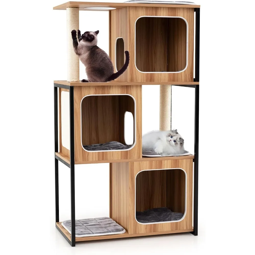 Tangkula Modern Cat Tree, 52 Inch Wooden Cat Condos with Metal Frame, Sisal Scratching Posts & Board, Washable Cushions, Multi-L