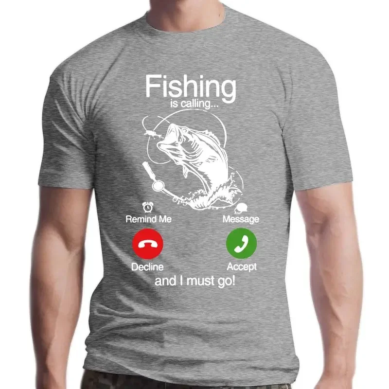 New Fishing Is Calling And I Must Go Phone Screen T-Shirt Men Fishermen Fish Funny Tees Crew Neck 100% Cotton Tops Plus Size T S