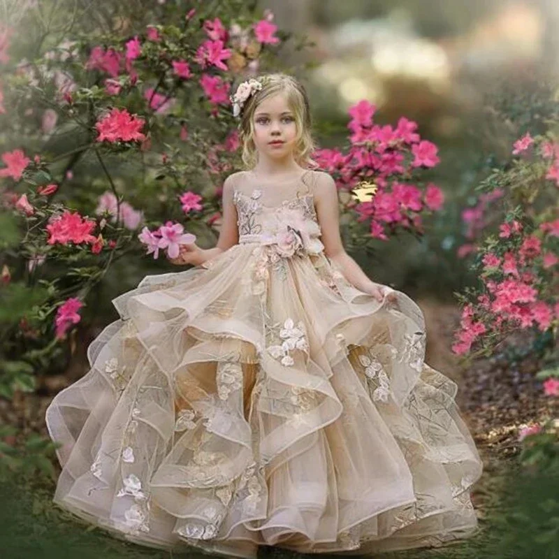 

3D Floral Appliques Floor Length Girl Kids Birthday Party First Holy Communion Gown Ruffles Flower Girl Dresses for Wedding