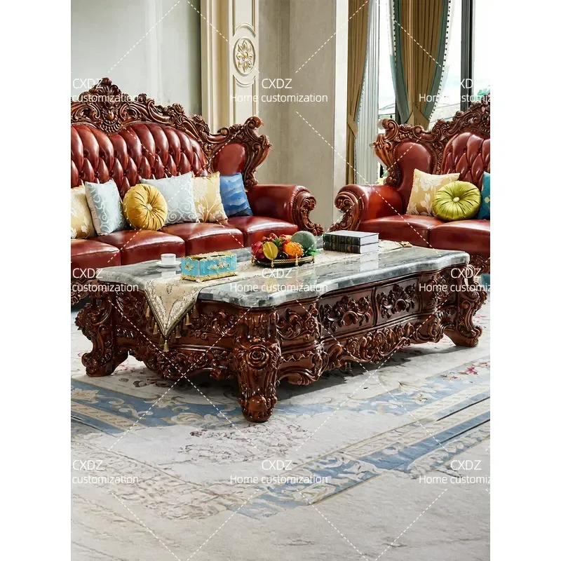 Luxury Marble Coffee Table and TV Cabinet Set Solid Wood Retro Living Room Furniture for High End Villa Home Decor
