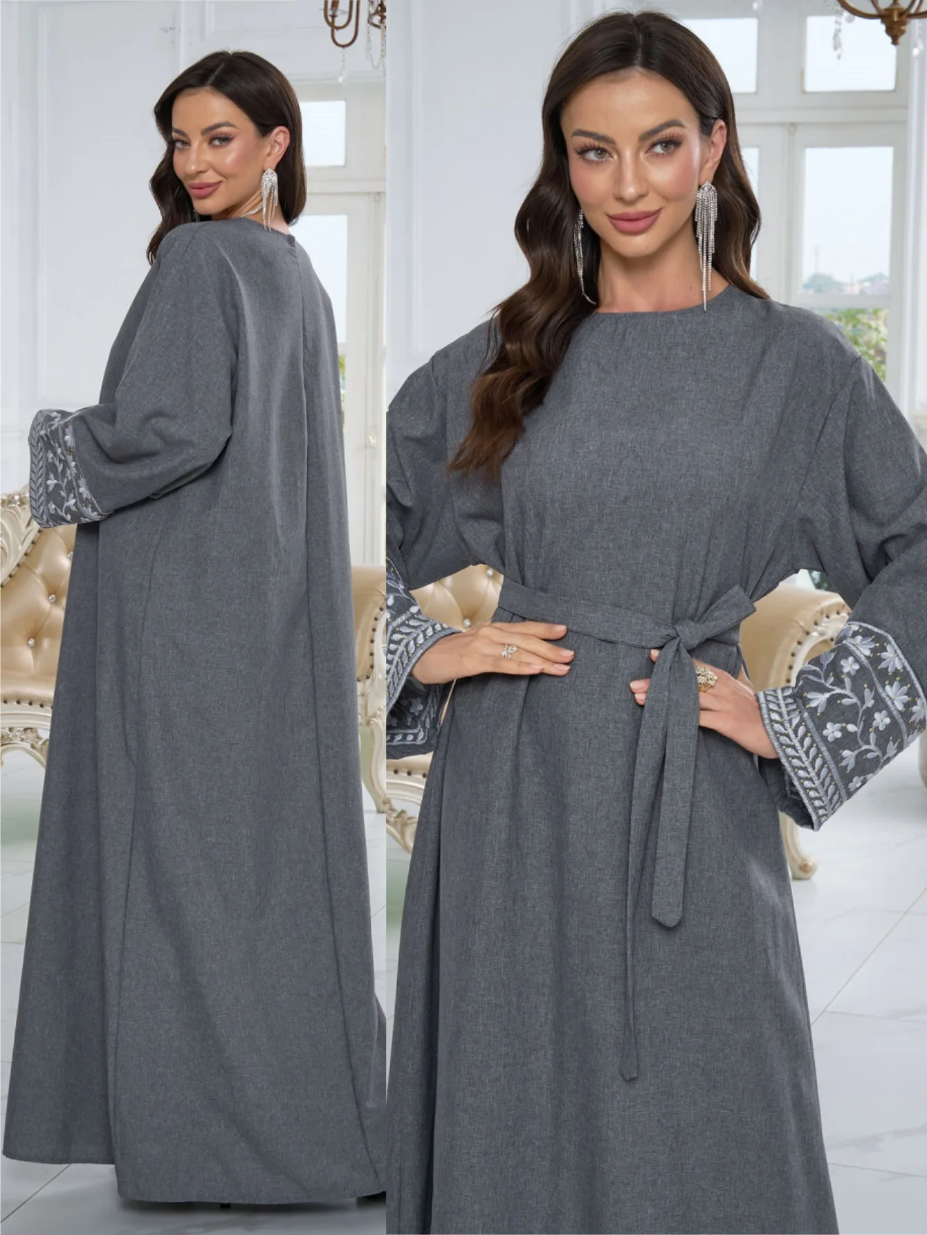 자수 장식 드레스, 단정한 바닥 길이 소매 아바야, 세련된 자수 장식 이브닝 가운, 라마단 전통 젤라비야 로브