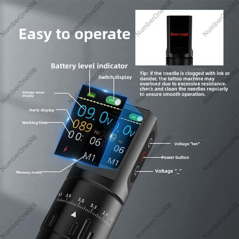 Wireless Tattoo Pen Machine Adjustable Stroke Rechargeable Battery Power Supply with Color Display