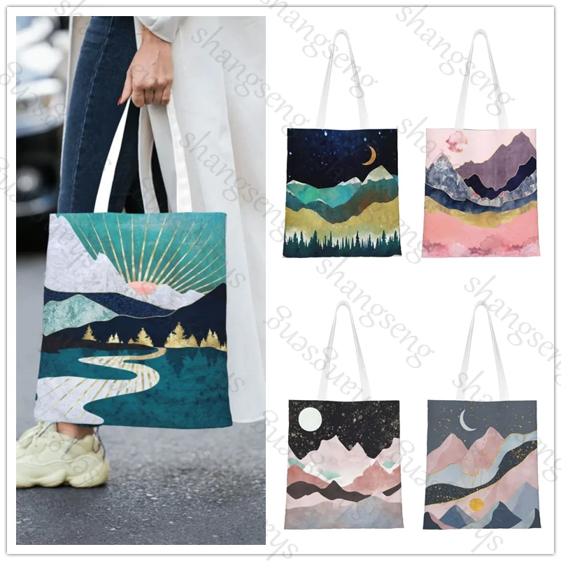 

Oil Painting Mountain Forest Tote Bag, Fashionable Shoulder Bag Daily Lightweight Shopping Bag Canvas Fabric Handbag Folding Bag