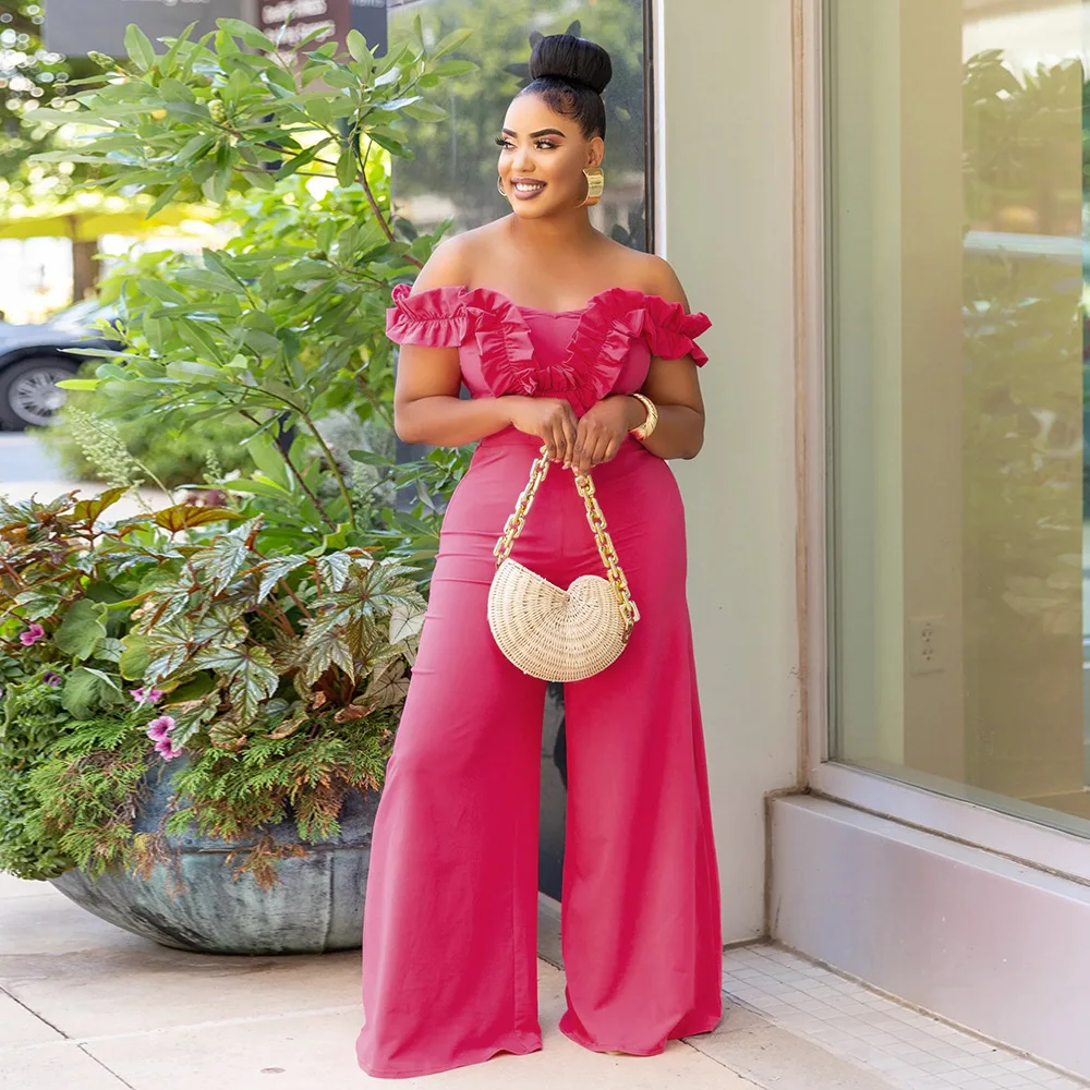 Autumn Elegant Off Shoulder Wide Leg Jumpsuit Women Fashion Slash Neck Ruffle Short Sleeved High Waisted Wide Leg Jumpsuit Women