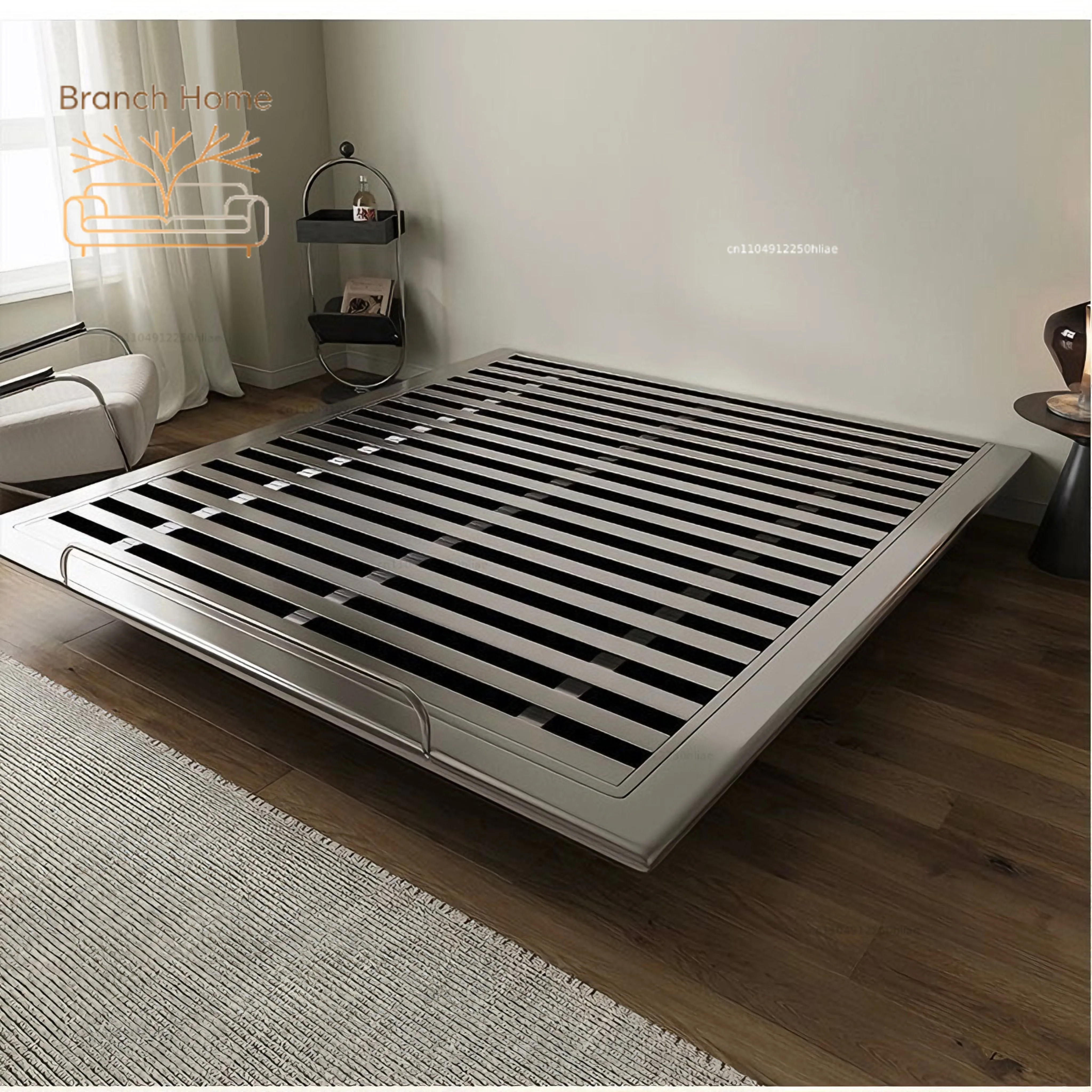 #Modern Italian Minimalist Stainless Steel Floating Bed Hotel Bedroom Bed Frame Without Headboard with Night Light
