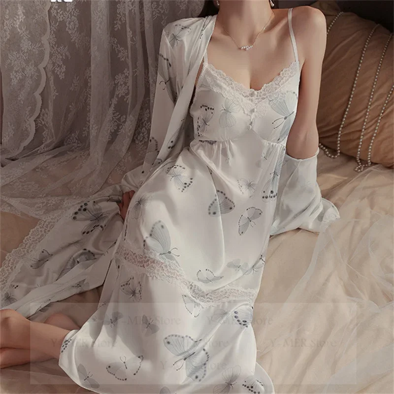 

Autumn Spring New Bathrobe Intimate Lingerie Satin Print Robe Suit Women Sexy Lace Trim Kimono Gown Long Nightdress Homewear